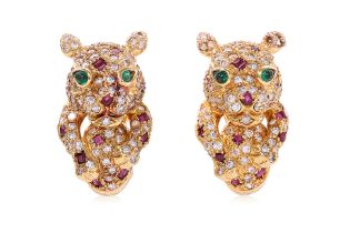 A PAIR OF RUBY, EMERALD AND DIAMOND 'PANTHER' EARRINGS