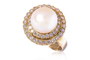 A CULTURED PEARL AND DIAMOND RING