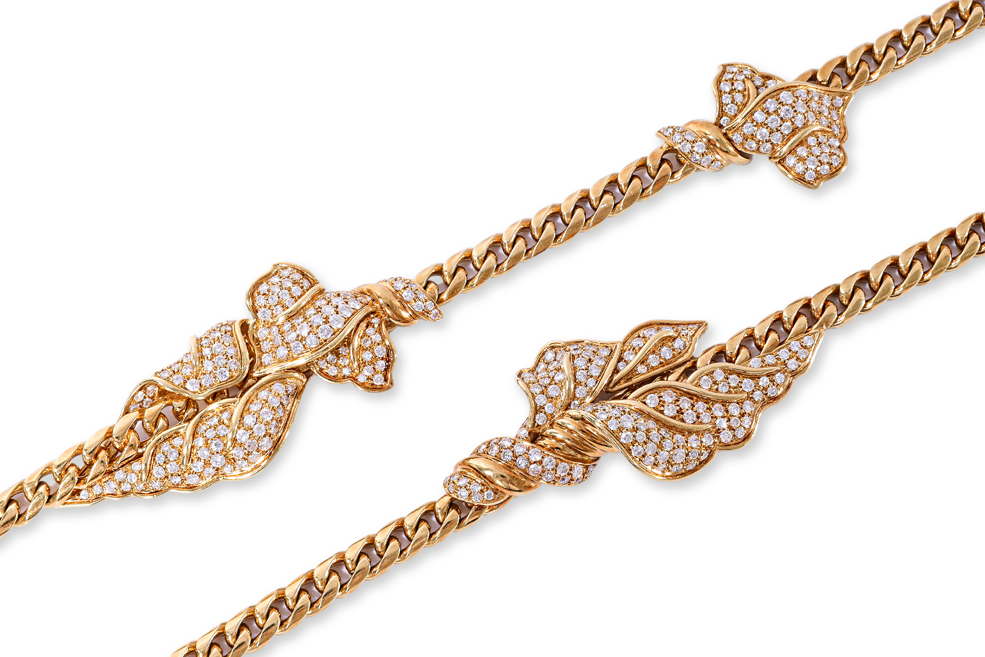 A LONG ITALIAN DIAMOND SET AND FLORAL CURB LINK CHAIN