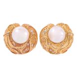 A LARGE PAIR OF MABE PEARL AND DIAMOND CLIP EARRINGS