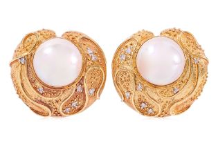 A LARGE PAIR OF MABE PEARL AND DIAMOND CLIP EARRINGS