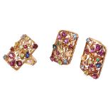 A SET OF MULTI GEM PANEL RING AND EARRINGS