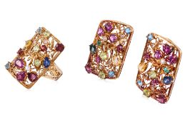 A SET OF MULTI GEM PANEL RING AND EARRINGS