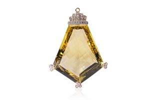 A LARGE LEMON QUARTZ AND DIAMOND PENDANT