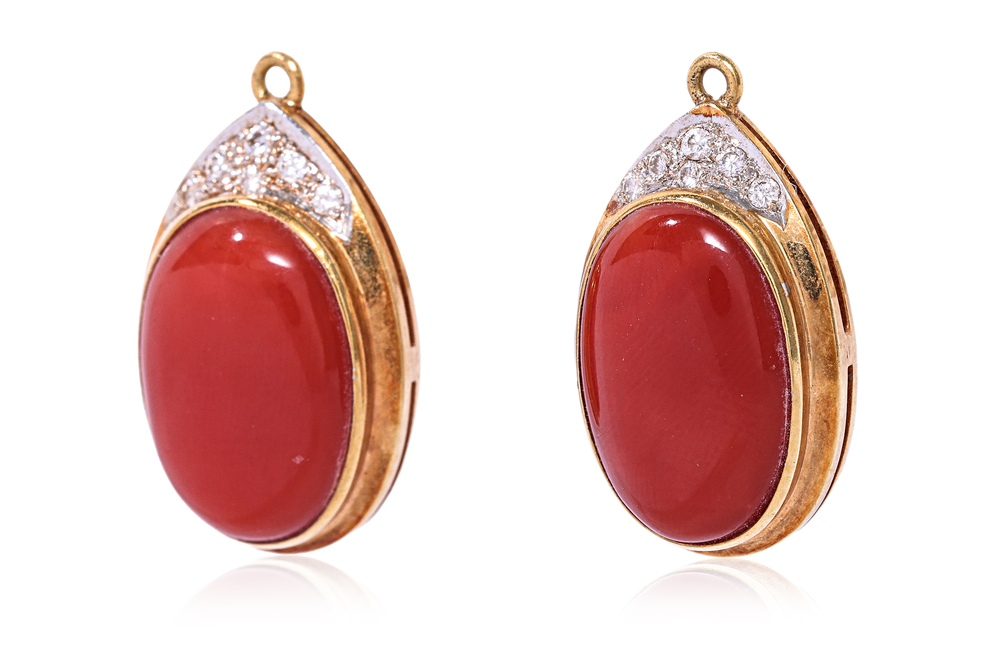 A PAIR OF RED CORAL AND DIAMOND EARRING DROPS