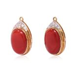 A PAIR OF RED CORAL AND DIAMOND EARRING DROPS