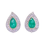 A PAIR OF EMERALD AND DIAMOND EARRINGS