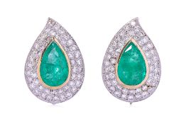 A PAIR OF EMERALD AND DIAMOND EARRINGS