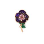 A RUBY AND DIAMOND PLIQUE-A-JOUR ENAMEL 'ROSE' BROOCH