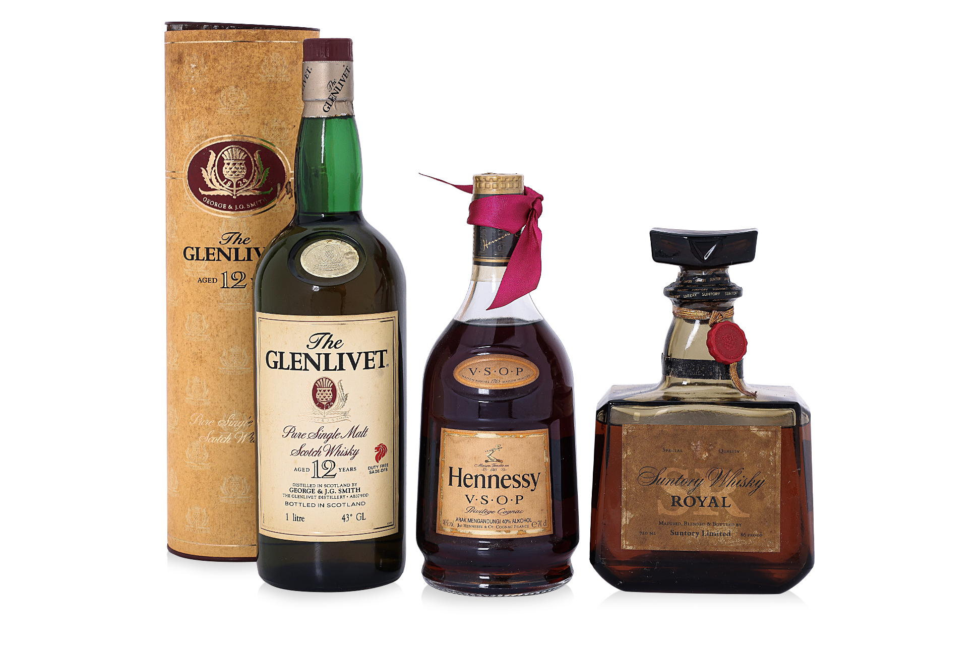 THREE VINTAGE BOTTLES OF WHISKY AND COGNAC