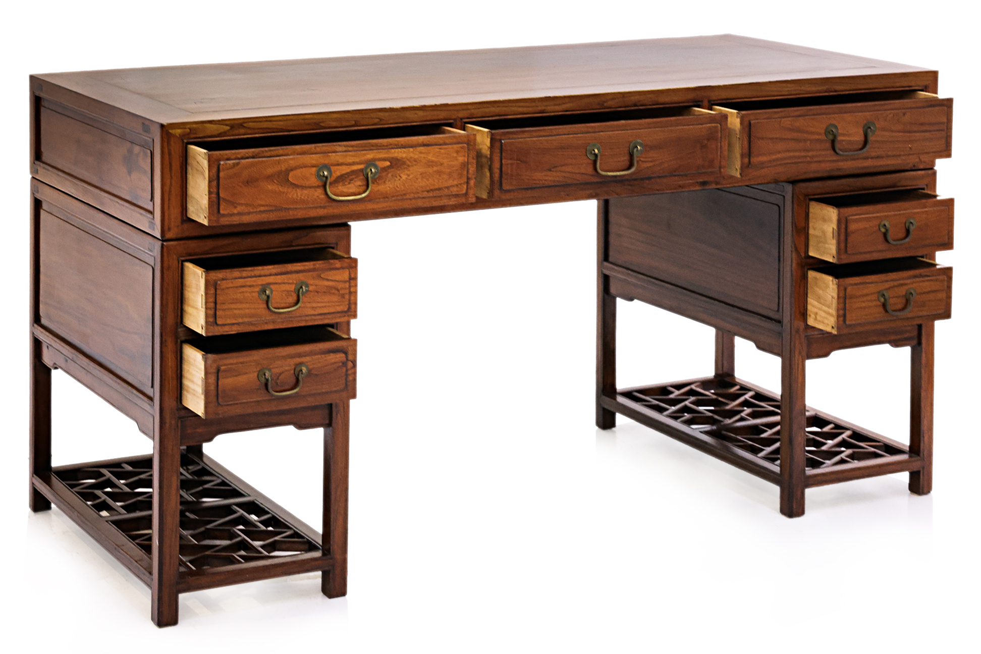 A CHINESE ELM TWIN PEDESTAL DESK AND CHAIR - Image 4 of 7