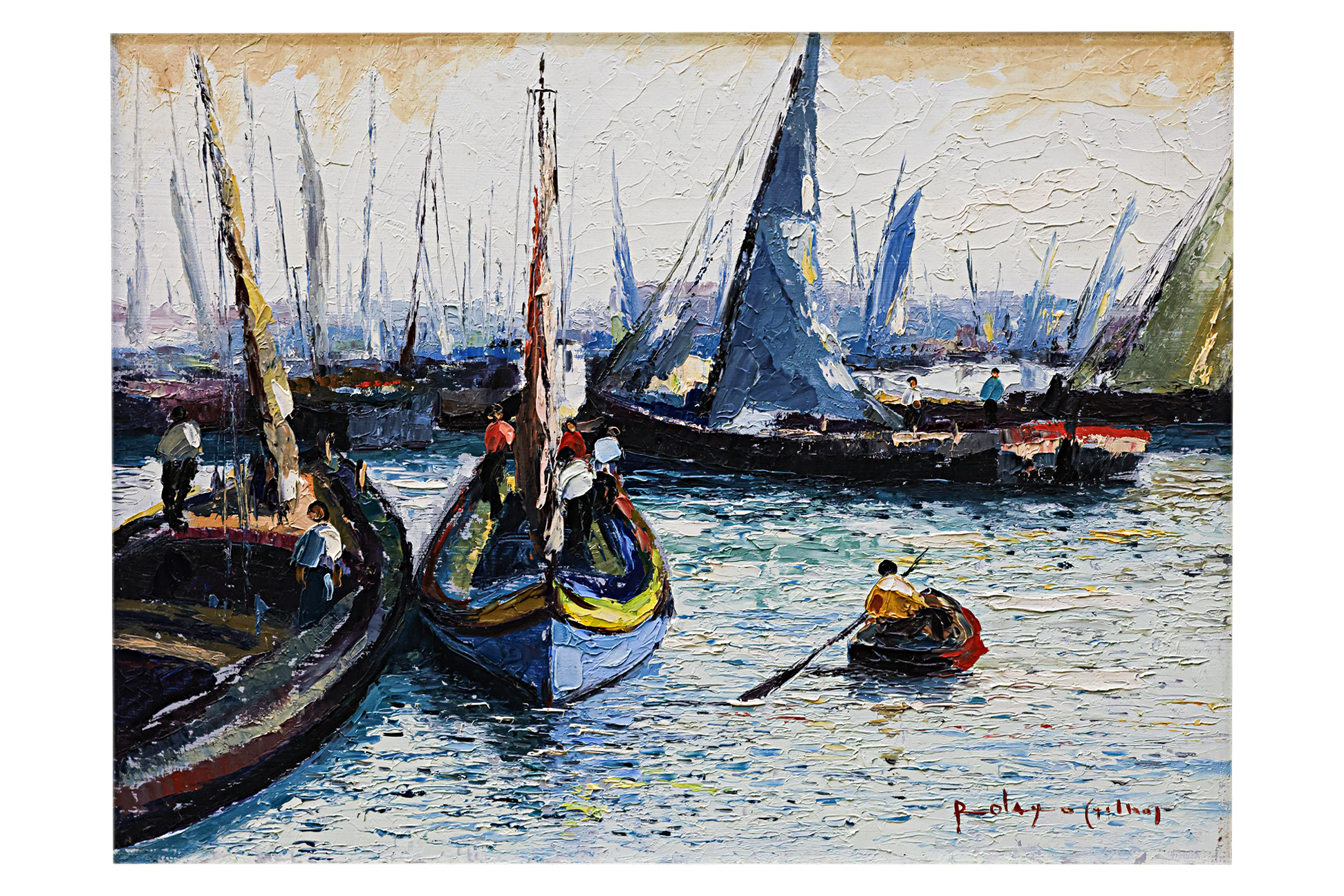 UNKNOWN ARTIST - AN OIL PAINTING OF BOATS - Image 2 of 3