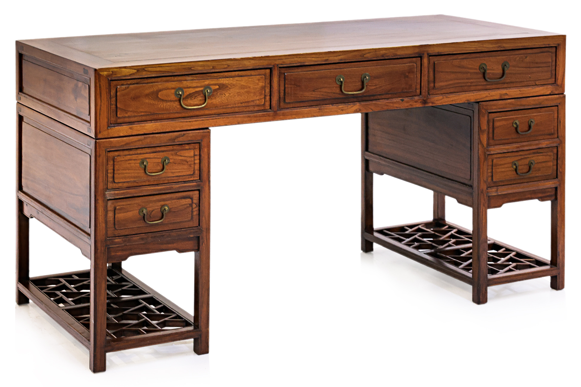 A CHINESE ELM TWIN PEDESTAL DESK AND CHAIR - Image 2 of 7