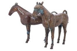 A PAIR OF CHINESE INLAID BRONZE HORSES
