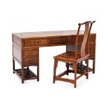 A CHINESE ELM TWIN PEDESTAL DESK AND CHAIR