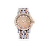 AN OMEGA LADIES STAINLESS STEEL AND GOLD BRACELET WATCH