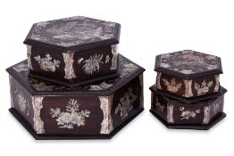 FOUR ROSEWOOD AND MOTHER OF PEARL SHELL BOXES