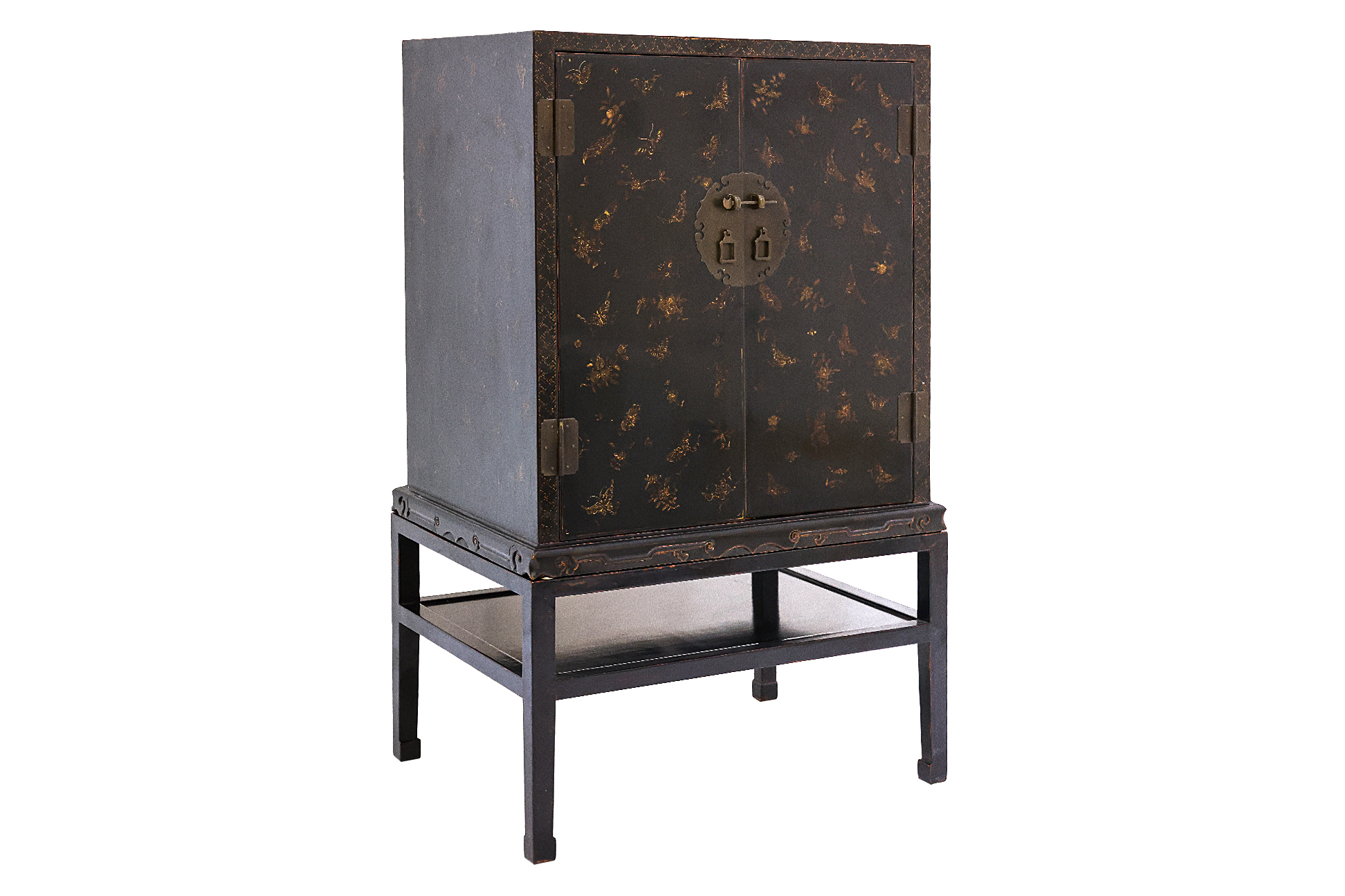 A LACQUERED BUTTERFLY CABINET ON STAND