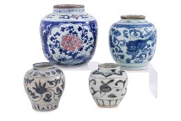 A GROUP OF FOUR BLUE AND WHITE JARS