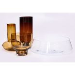 THREE BOCONCEPT GLASS VASES AND A CRATE & BARREL GLASS BOWL