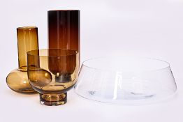 THREE BOCONCEPT GLASS VASES AND A CRATE & BARREL GLASS BOWL