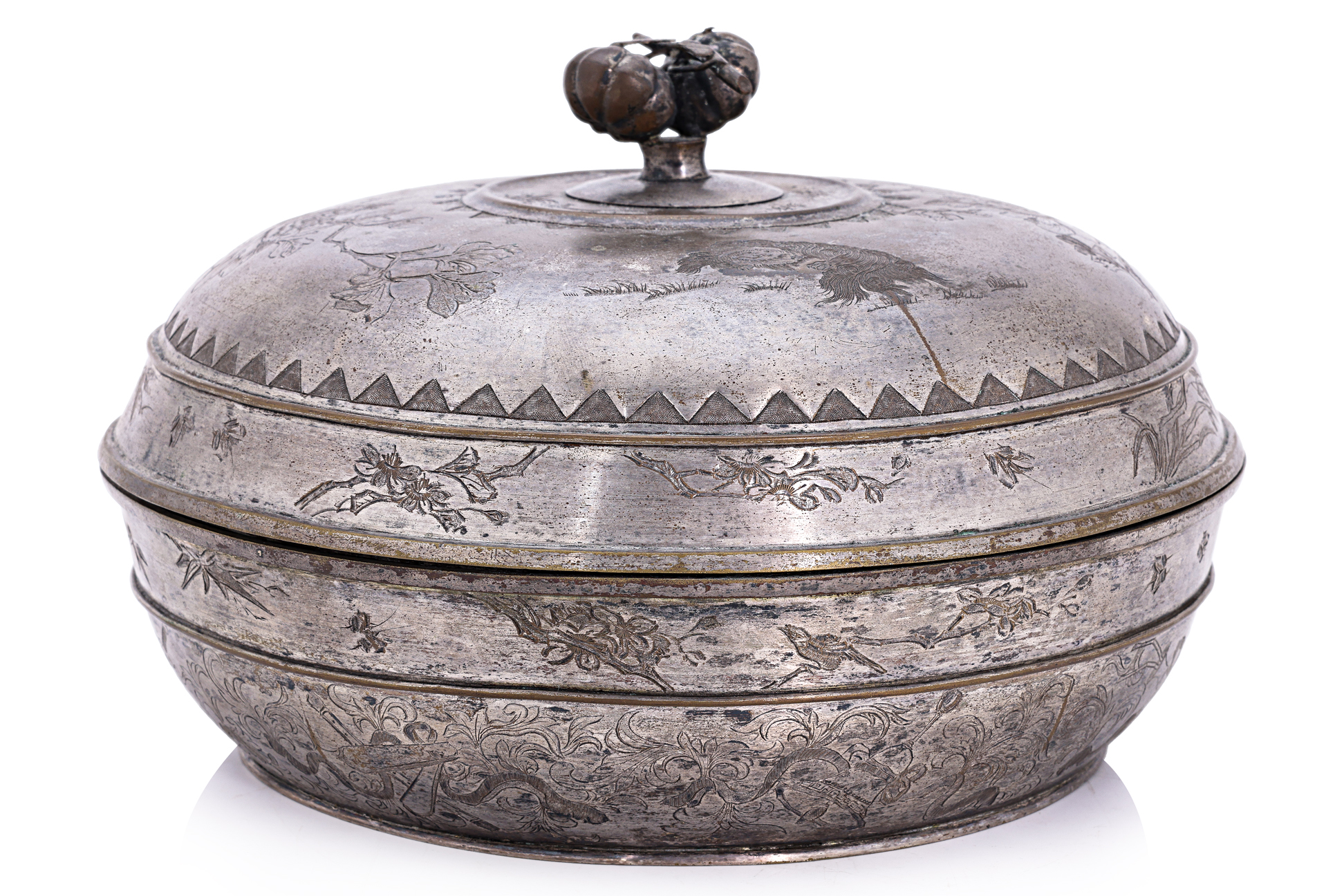 A SILVER PLATED PALEMBANG BOWL AND COVER