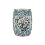 A TURQUOISE GROUND FAMILLE ROSE 'FOUR SEASONS' STOOL