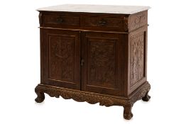A MARBLE TOPPED CARVED TEAK SIDE CABINET