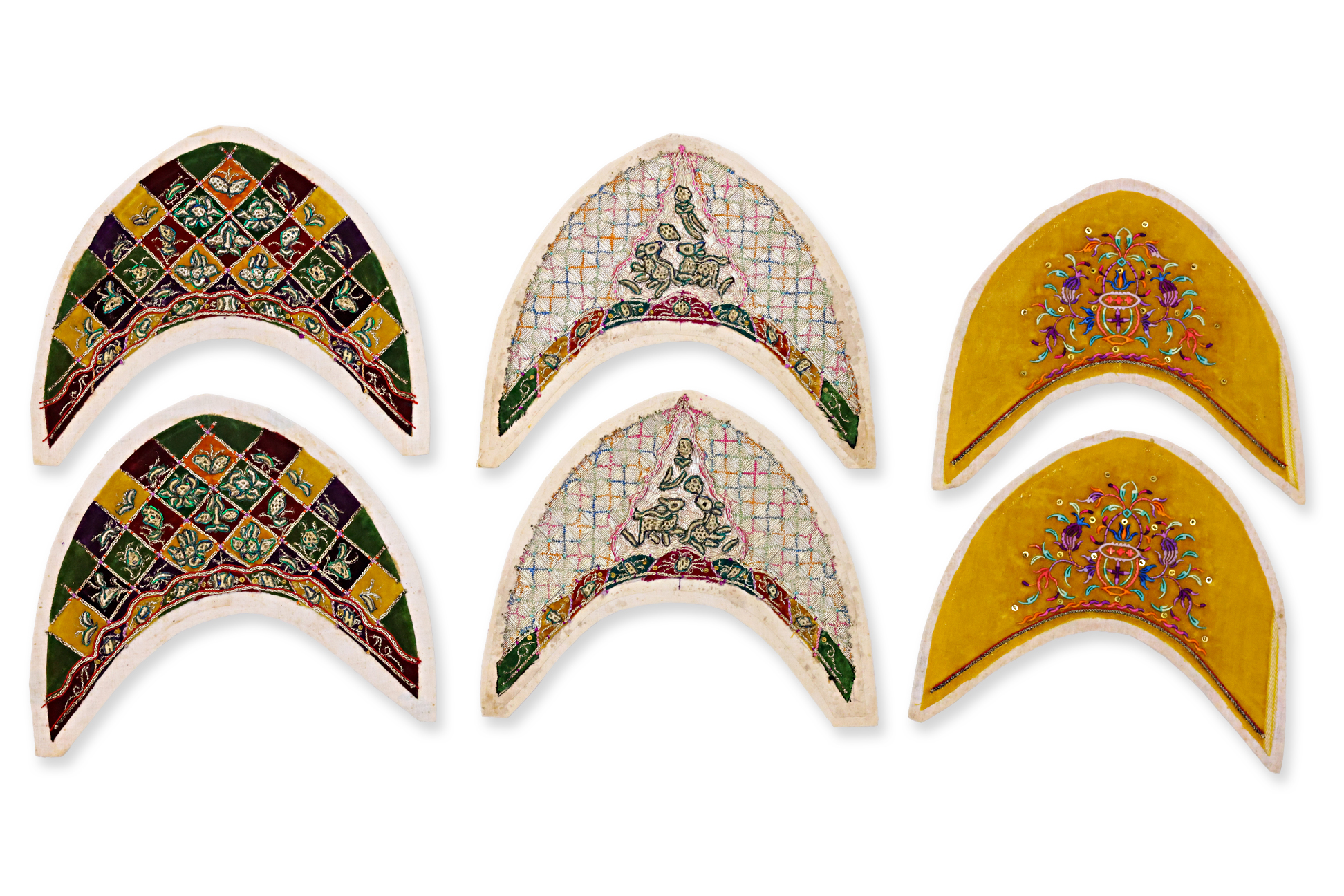 THREE PAIRS OF EMBROIDERED SLIPPER PANELS