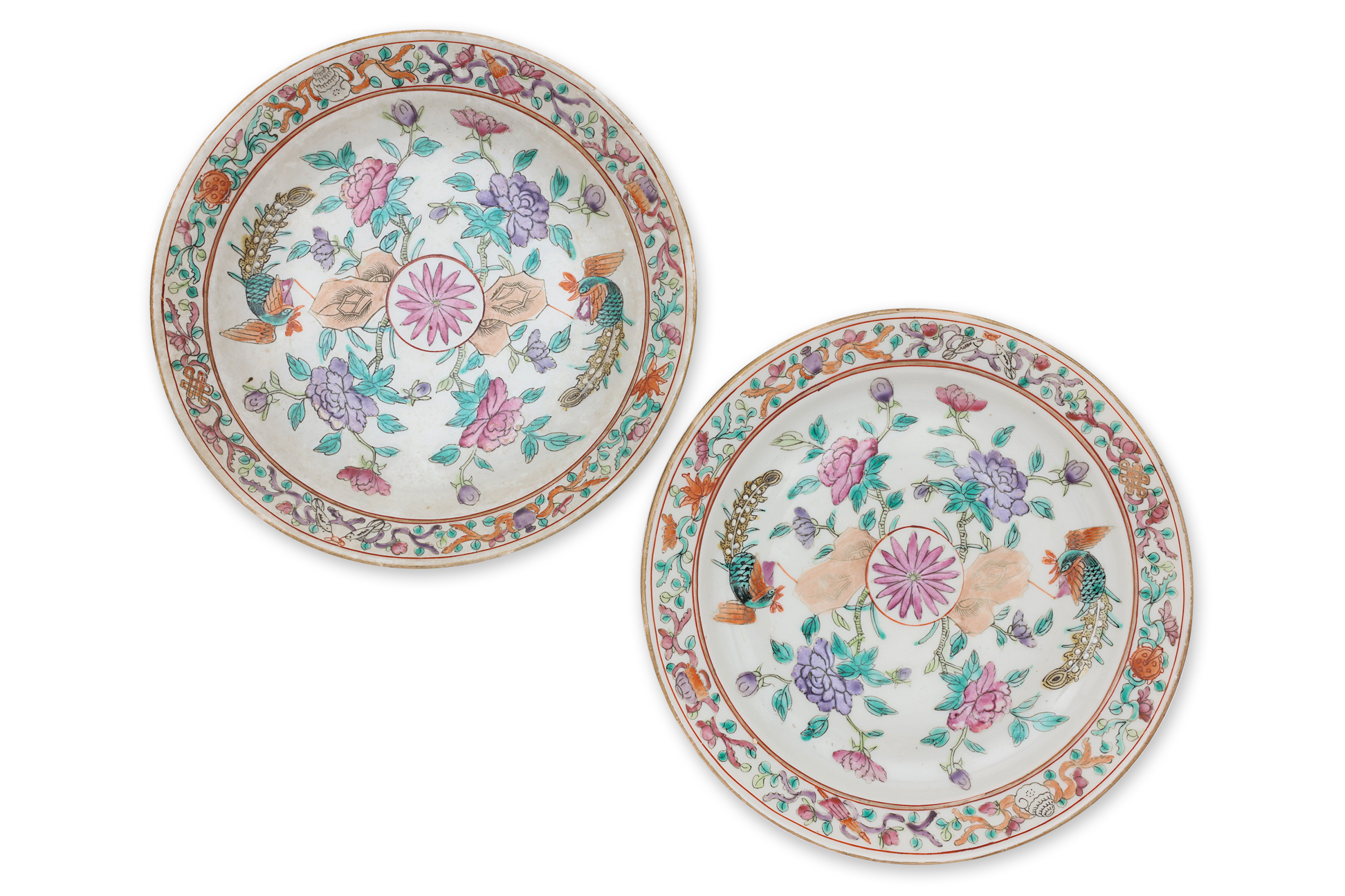 A SET OF SIX FAMILLE ROSE DOUBLE PHOENIX PLATES - Image 2 of 3