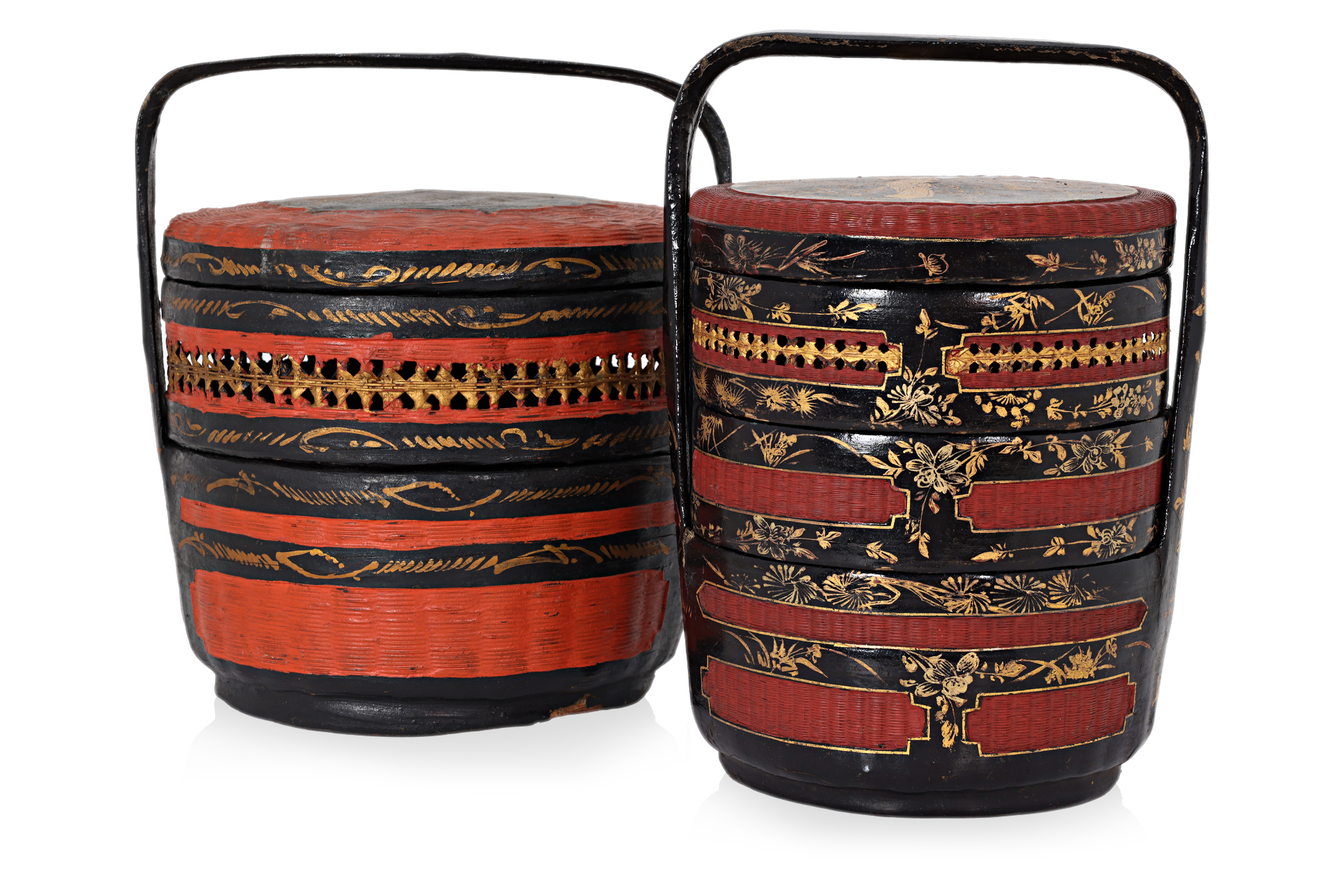 TWO RED AND BLACK TIFFIN BASKETS