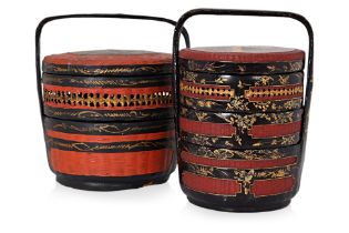 TWO RED AND BLACK TIFFIN BASKETS