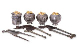 A SILVER SIREH SET AND THREE CUTTERS
