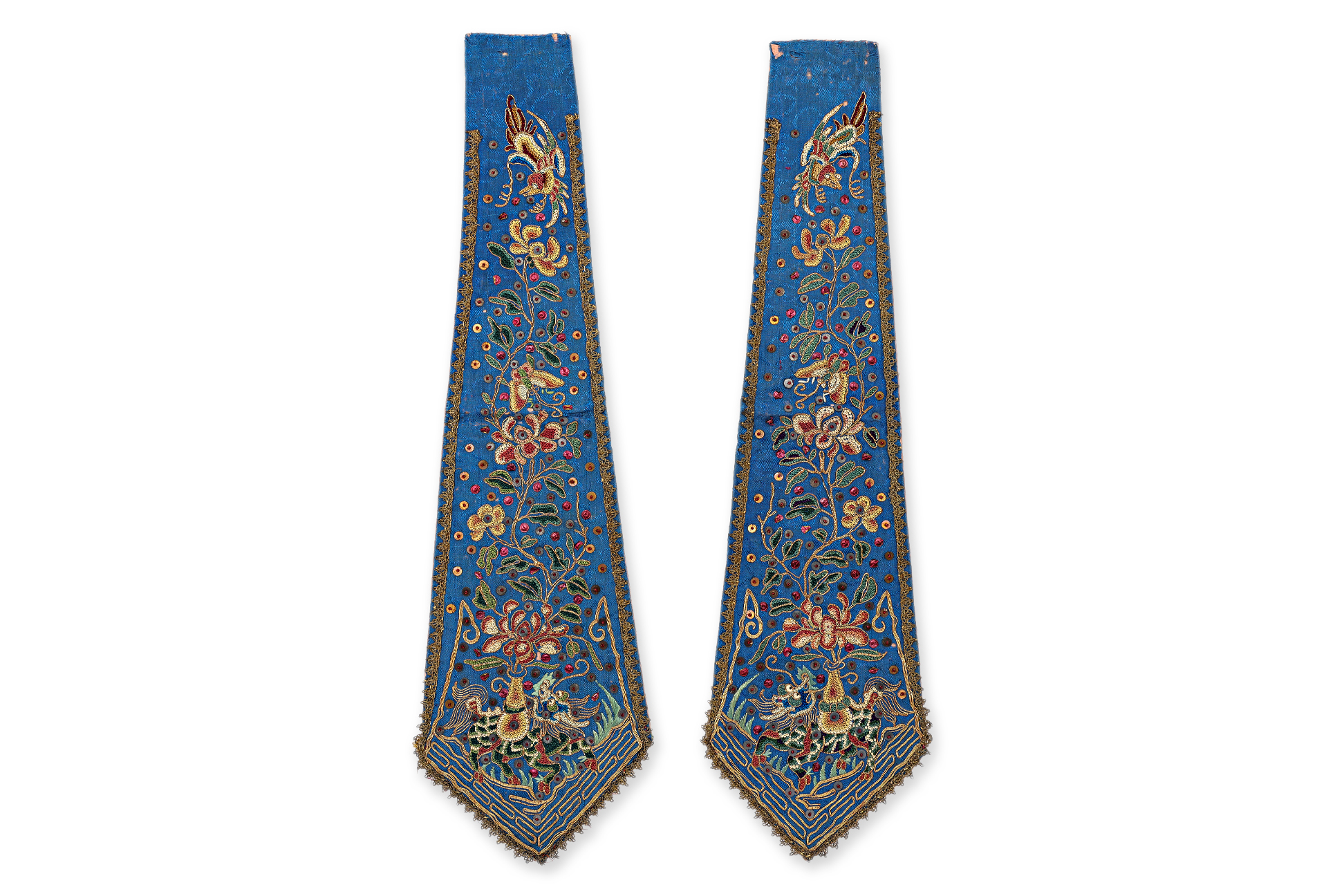 A PAIR OF SILK EMBROIDERED BED HANGINGS