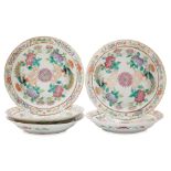 A SET OF FIVE FAMILLE ROSE DOUBLE PHOENIX PLATES