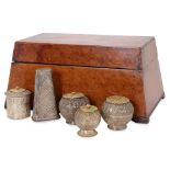 A FIVE PIECE SILVER & GOLD SIREH SET WITH BURLWOOD BOX