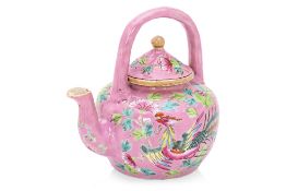 A SMALL PINK GROUND FAMILLE ROSE TEAPOT