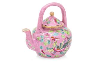 A SMALL PINK GROUND FAMILLE ROSE TEAPOT