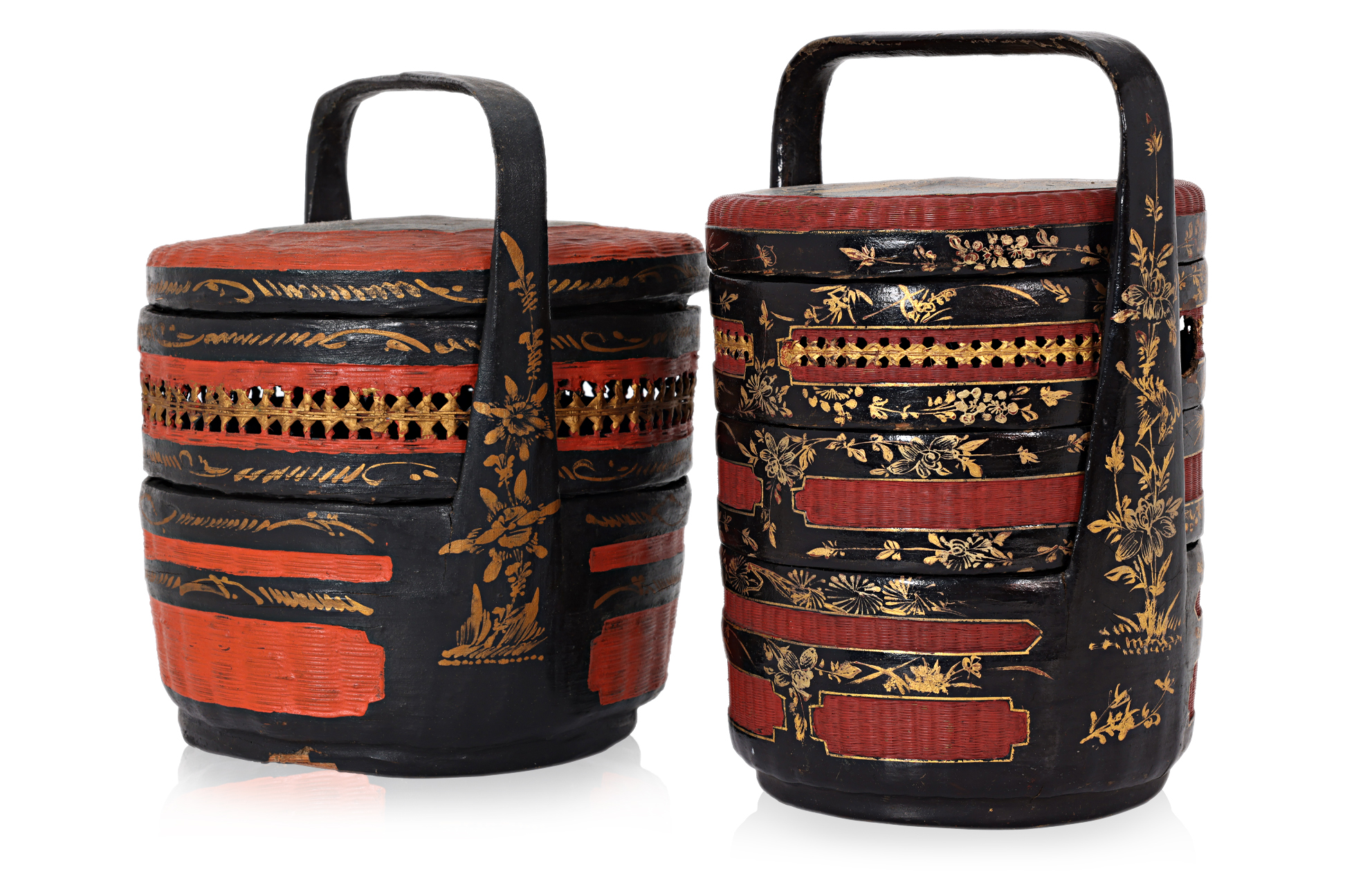 TWO RED AND BLACK TIFFIN BASKETS - Image 2 of 3
