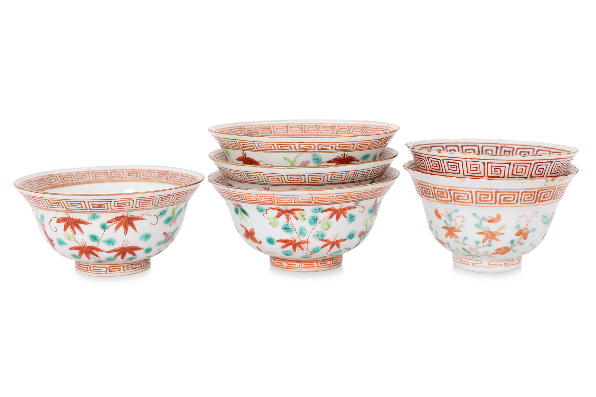 SIX FAMILLE ROSE BAMBOO PATTERN BOWLS