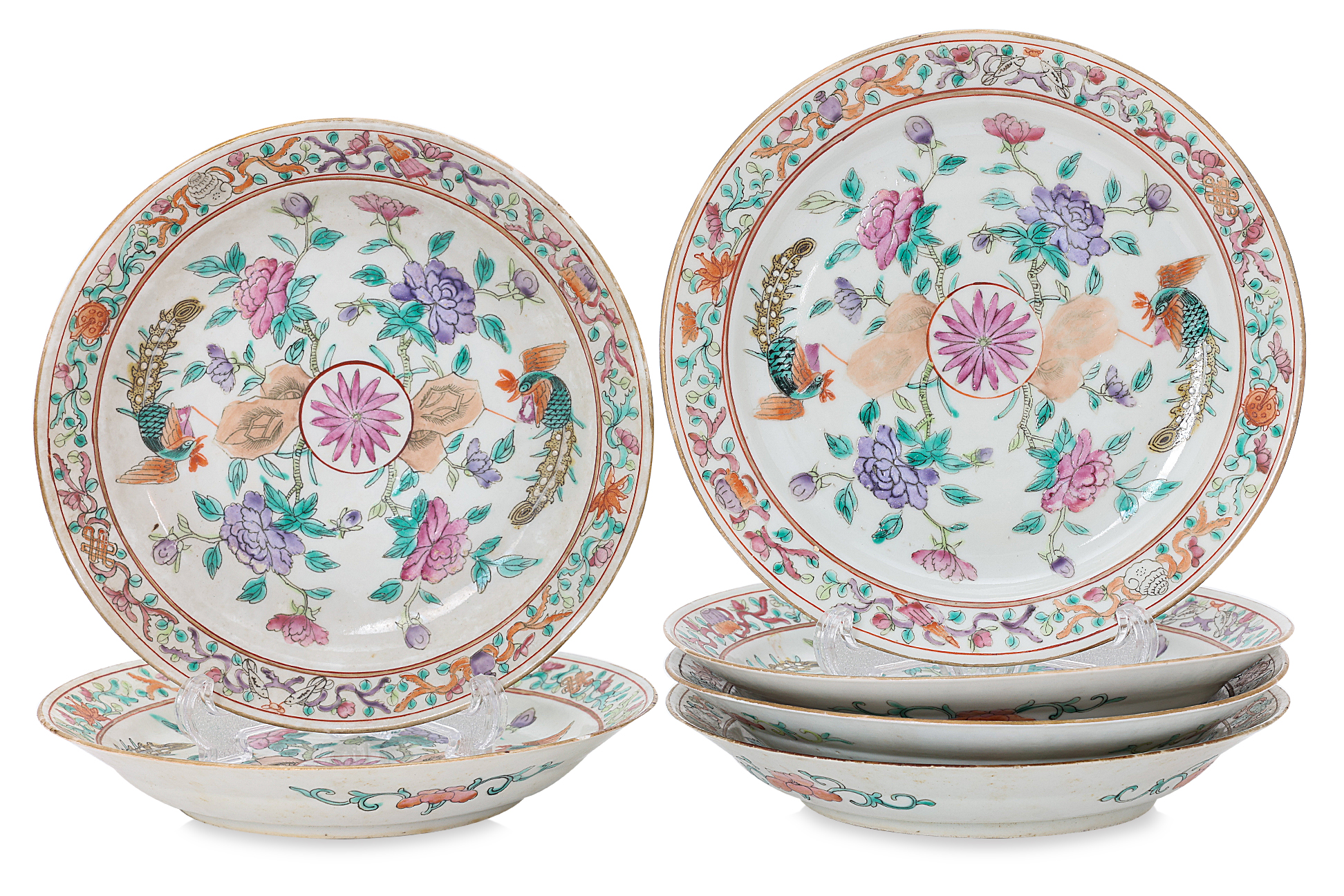 A SET OF SIX FAMILLE ROSE DOUBLE PHOENIX PLATES