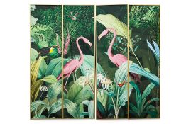 FOUR LARGE FRAMED PANELS OF TROPICAL WALLPAPER