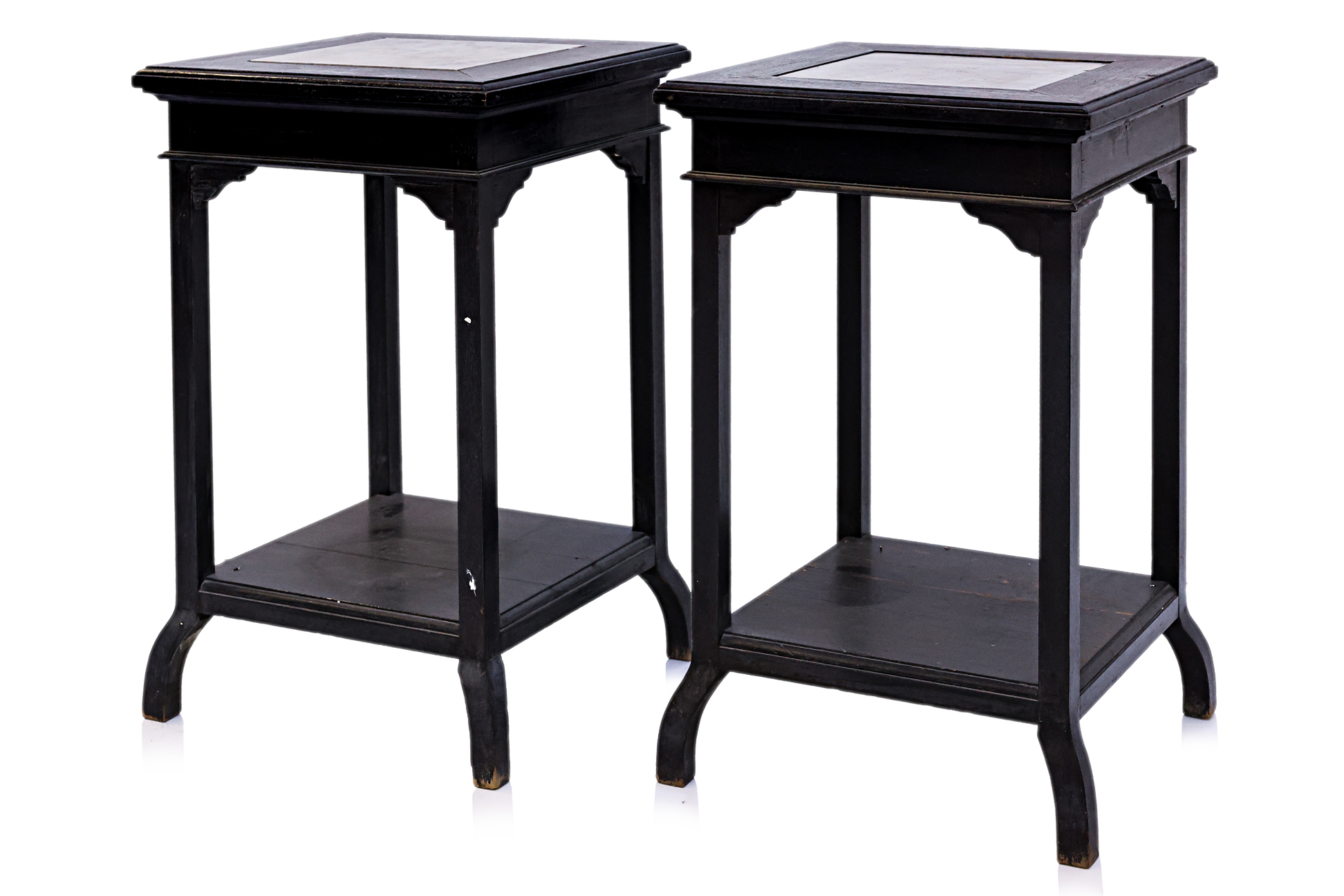 A PAIR OF MARBLE INSET HARDWOOD SIDE TABLES