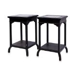 A PAIR OF MARBLE INSET HARDWOOD SIDE TABLES