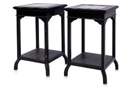 A PAIR OF MARBLE INSET HARDWOOD SIDE TABLES