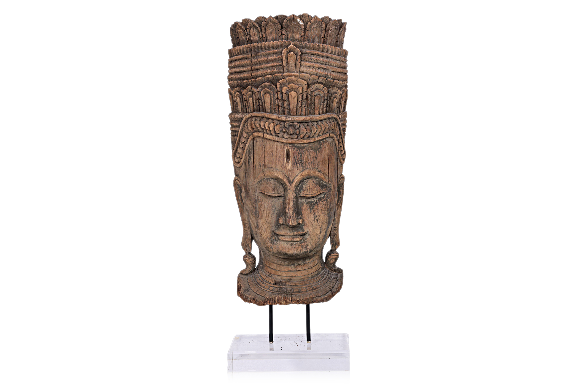 A CARVED WOOD HEAD OF A BODDHISATTVA ON STAND