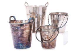 A GROUP OF FOUR SILVER PLATED ICE BUCKETS AND WINE COOLERS