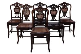 A SET OF 6 HARDWOOD 'BAT' CHAIRS WITH 3 SIDE TABLES
