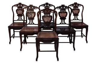 A SET OF 6 HARDWOOD 'BAT' CHAIRS WITH 3 SIDE TABLES