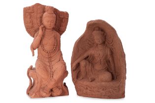 TWO TERRACOTTA SEATED GUANYIN